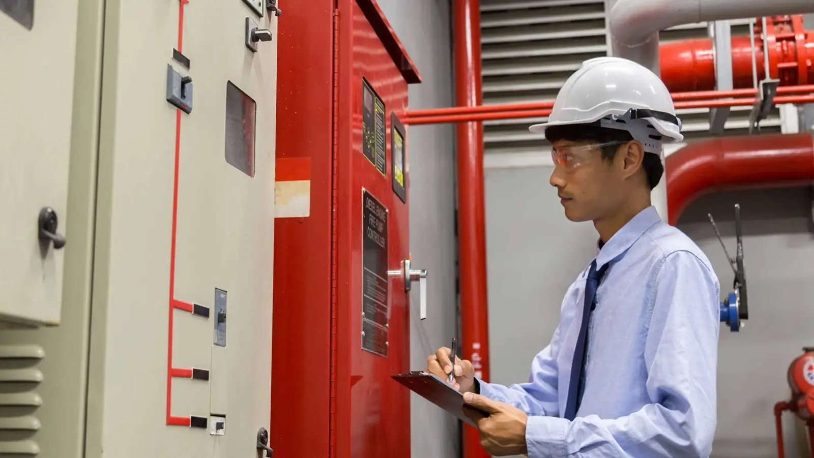 Technician servicing a fire alarm panel