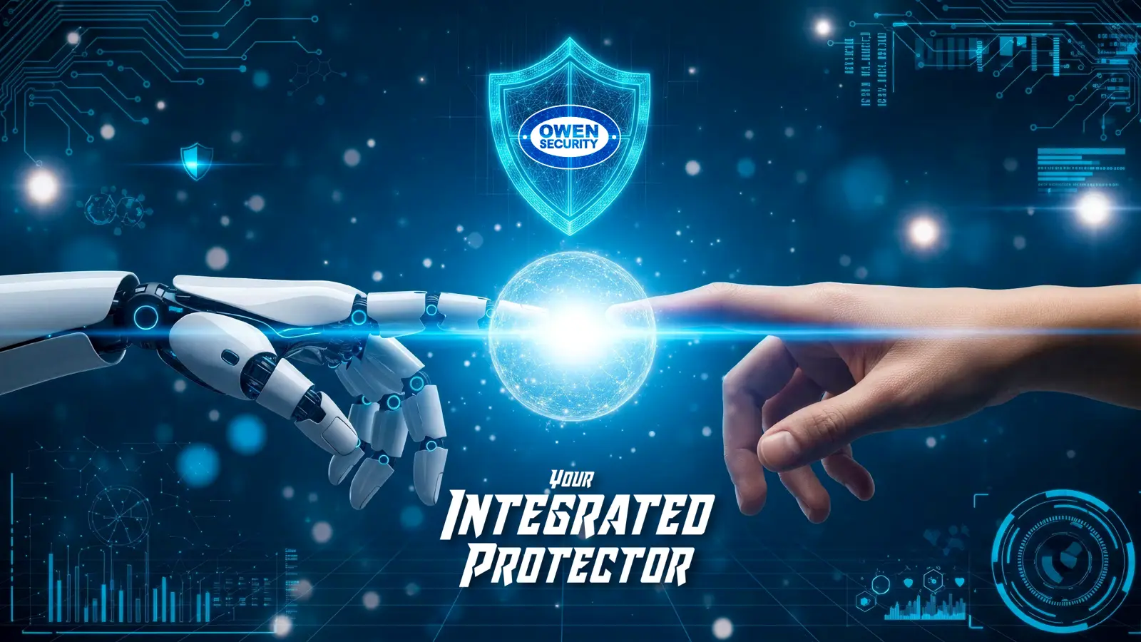 Robotic hand and human hand beneath the Owen Security shield: Your Integrated Protector